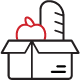 Black and red line art depicting an open box with a loaf of french bread and an apple peeking out of the top