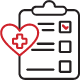 Black and red line art depicting a clipboard with a red checkmark and a heart with a medical cross icon inside